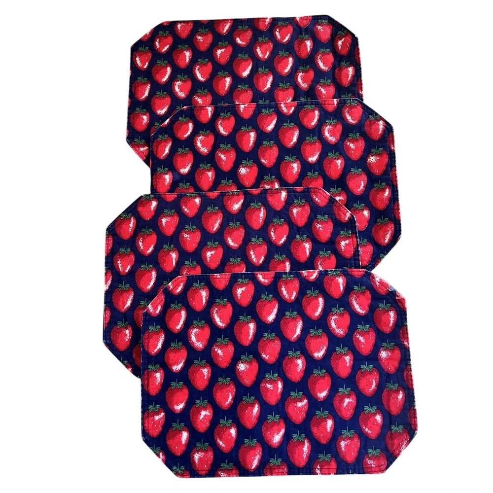 Vintage Strawberry Print Red & Navy Quilted Table Placemats LOT Of 4